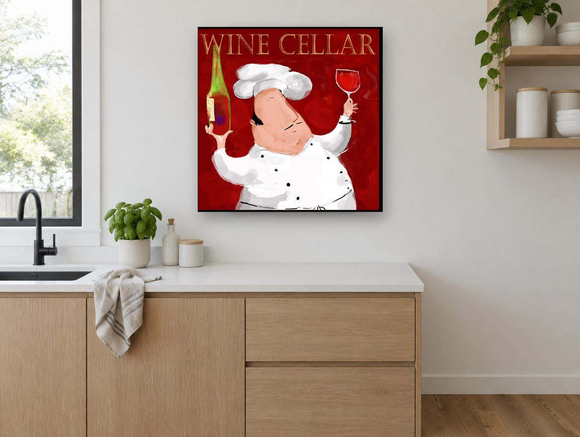 Chef Raises a Glass kitchen canvas print on the wall of a kitchen