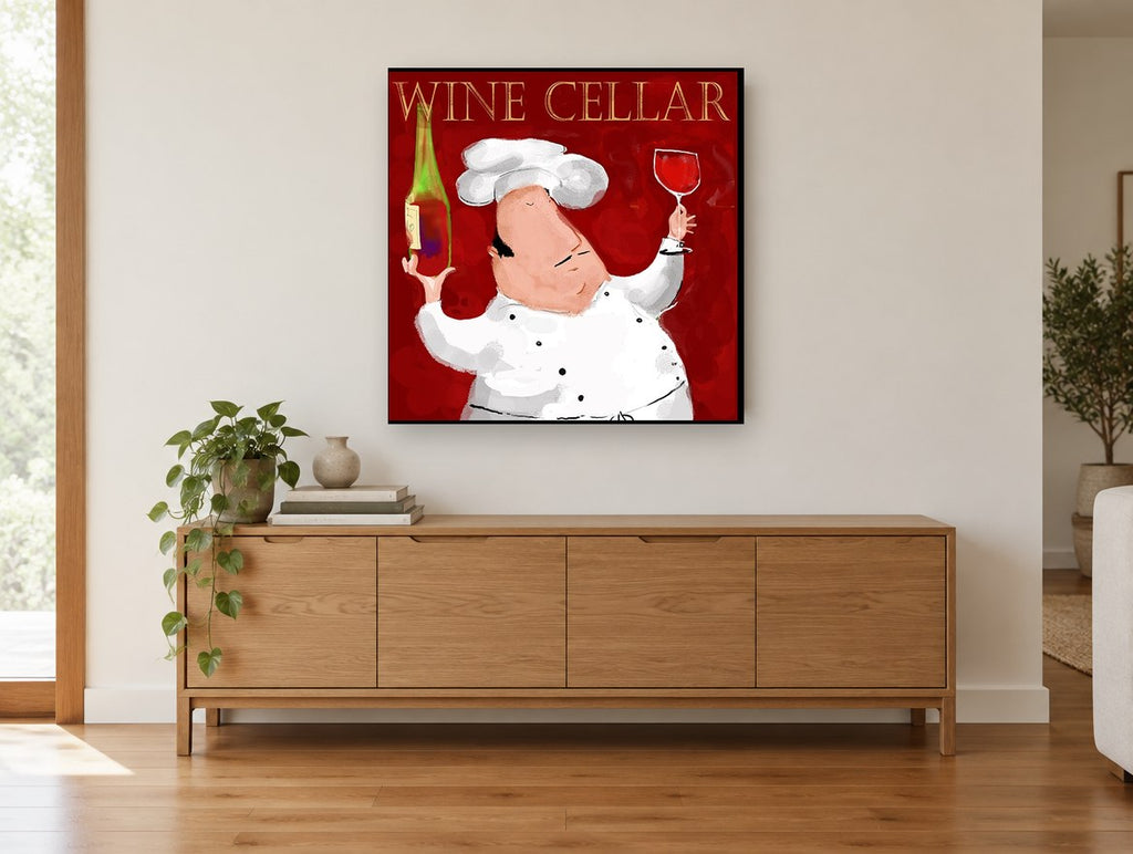 Chef Raises a Glass kitchen canvas print on the wall of a living room above a sideboard