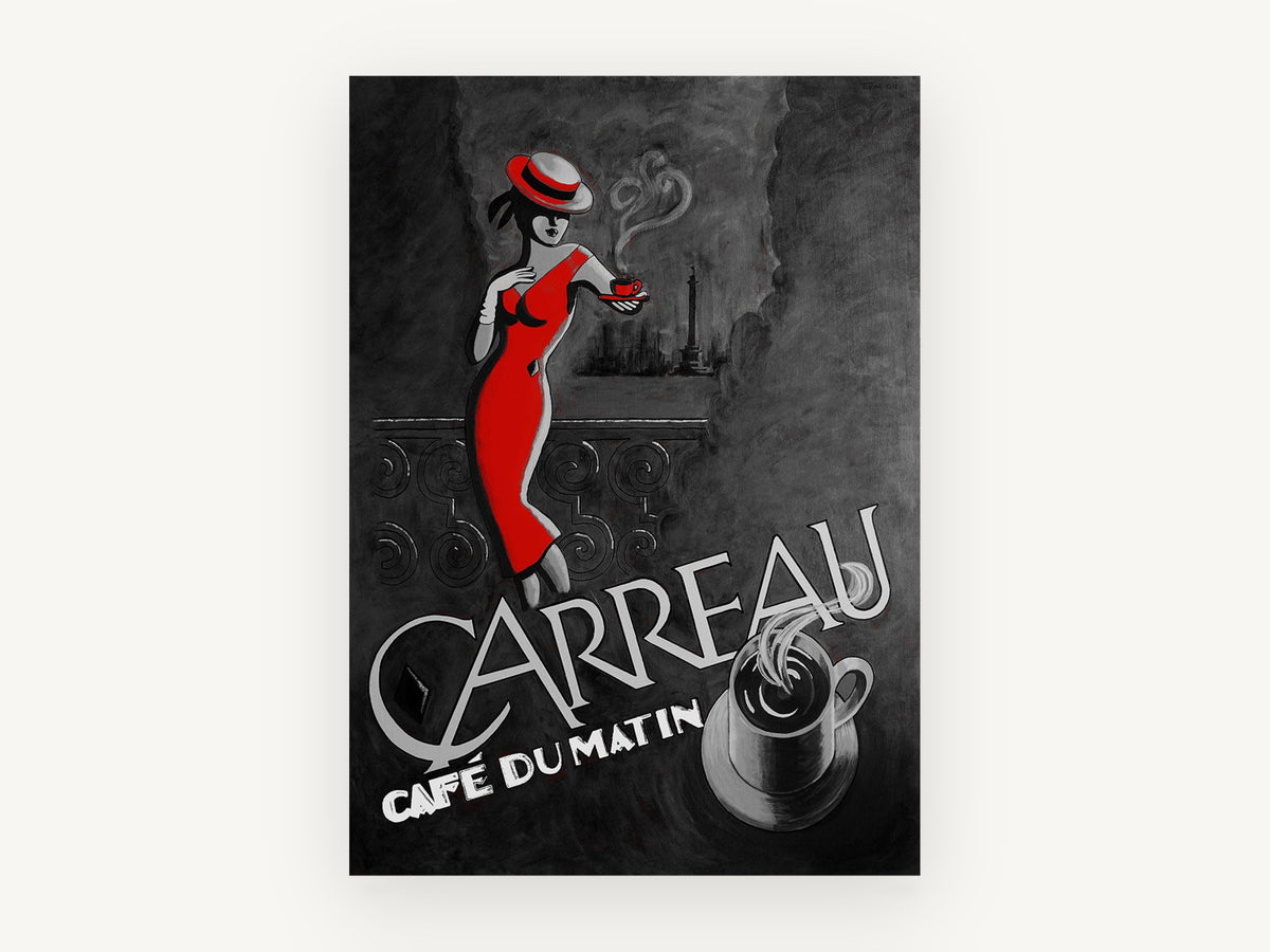 Red Dress Morning Café, kitchen canvas wall art print, front view