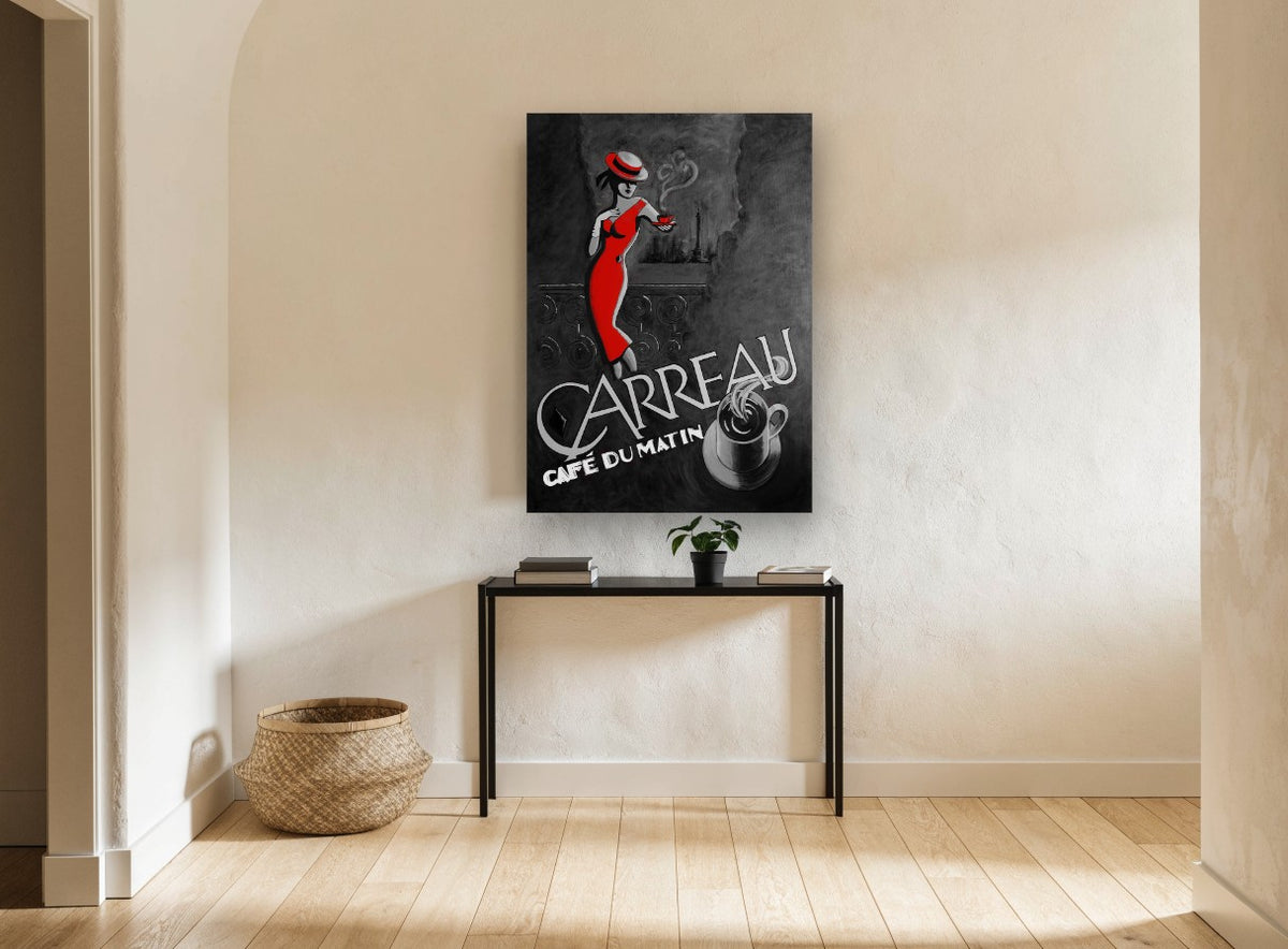 Red Dress Morning Café kitchen canvas print on the wall of a hallway