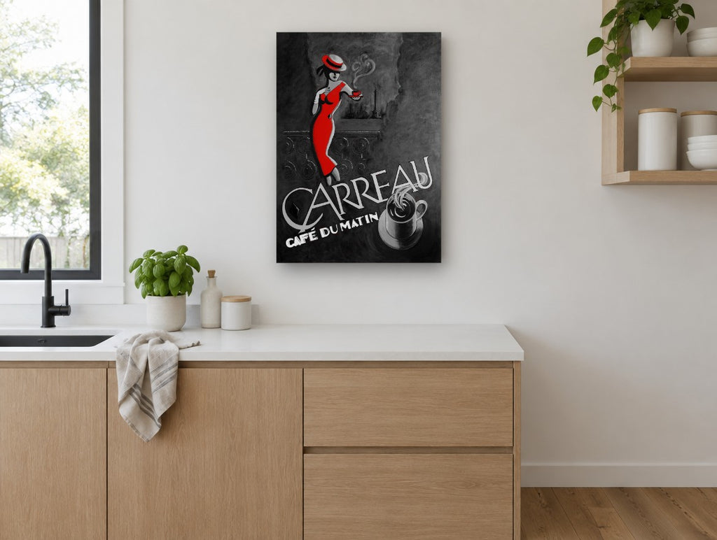 Red Dress Morning Café kitchen canvas print on the wall of a kitchen