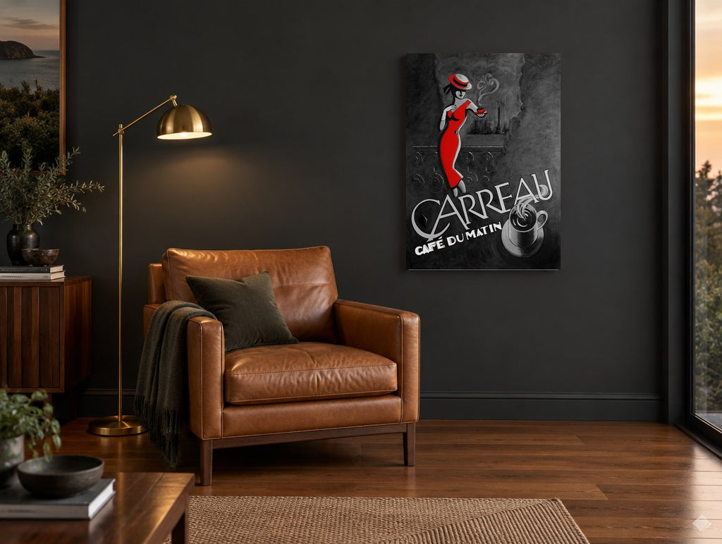 Red Dress Morning Café kitchen canvas print on the wall of a charcoal living room