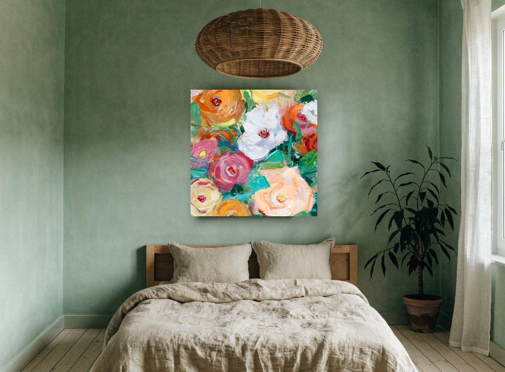 Bright Spring Medley floral canvas print on the wall of a bedroom