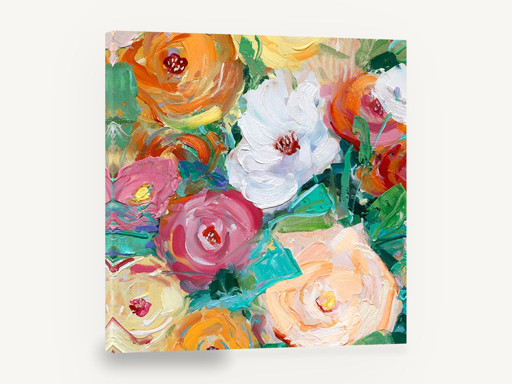 Bright Spring Medley, colourful impasto flowers contemporary floral, floral canvas wall art print ready to hang