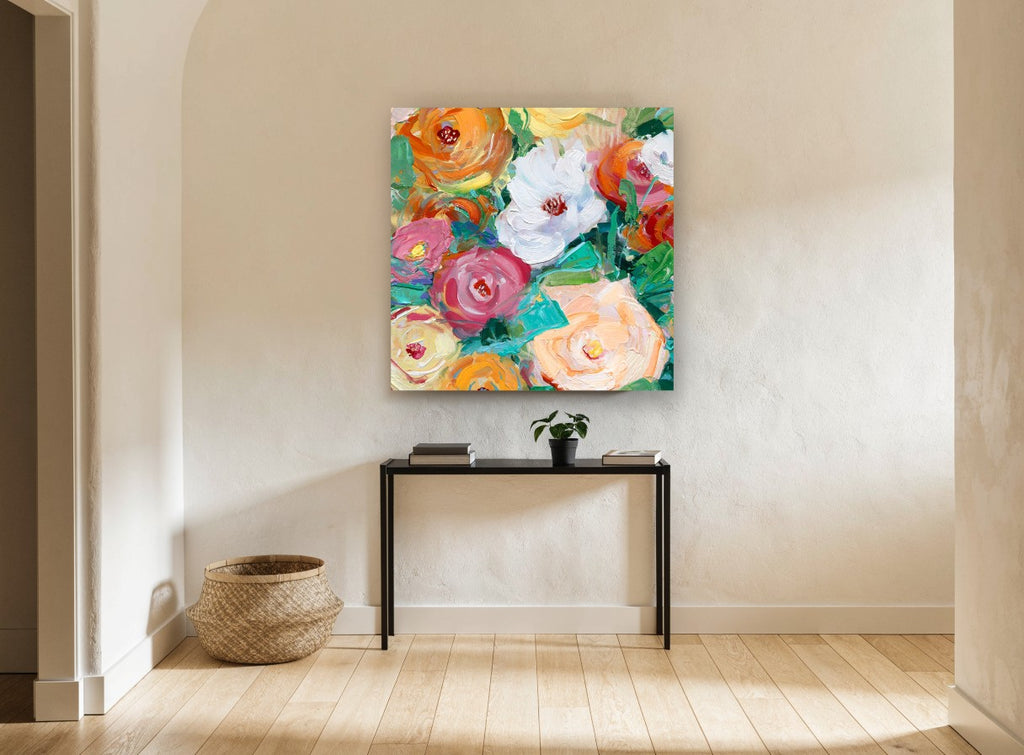 Bright Spring Medley floral canvas print on the wall of a hallway