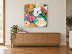 Bright Spring Medley floral canvas print on the wall of a living room above a sideboard