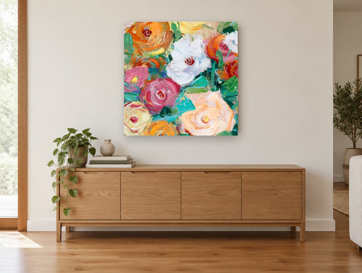 Bright Spring Medley floral canvas print on the wall of a living room above a sideboard