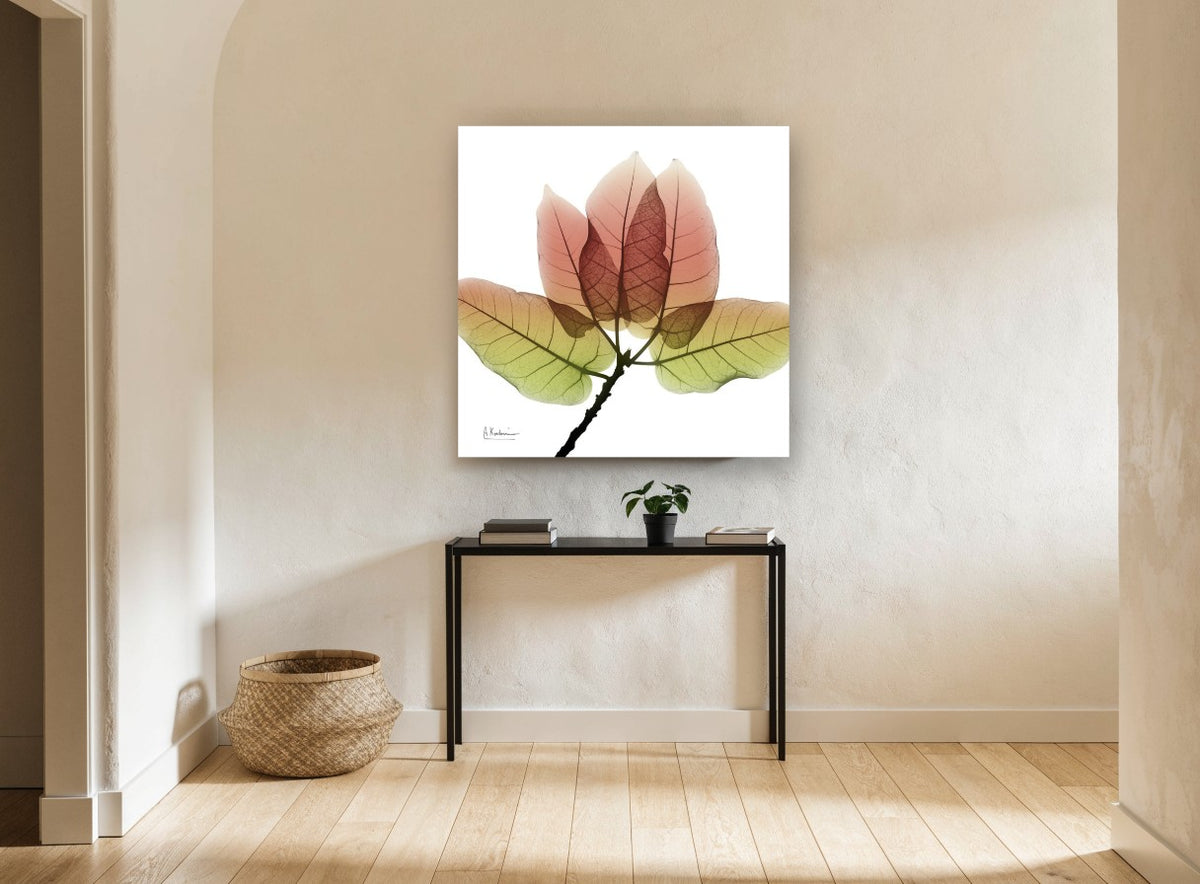 Translucent Autumn Leaves floral canvas print on the wall of a hallway