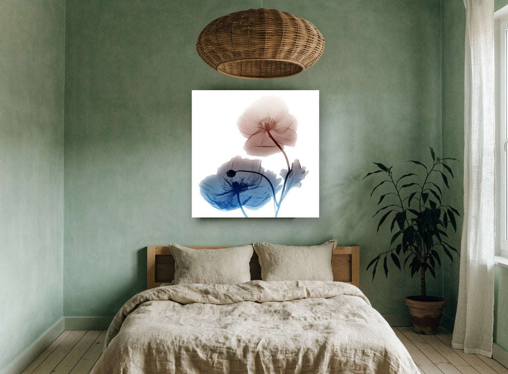 Twin Poppies in Rust and Blue floral canvas print on the wall of a bedroom