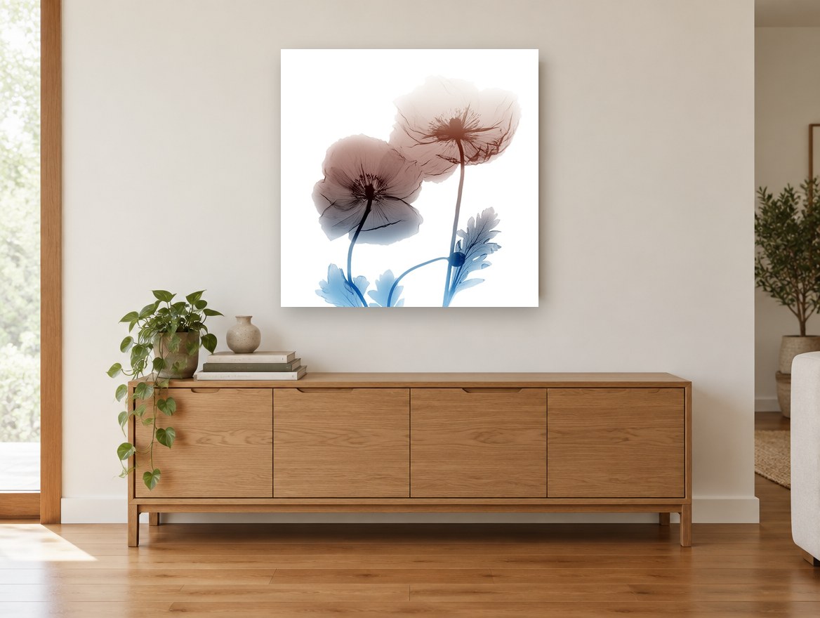 Translucent Poppy Pair floral canvas print on the wall of a living room above a sideboard