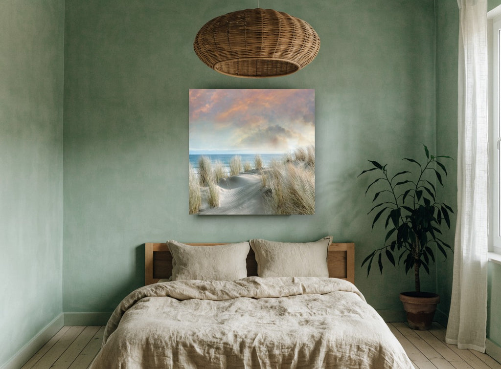 Dune Grass Dawn coastal canvas print on the wall of a bedroom