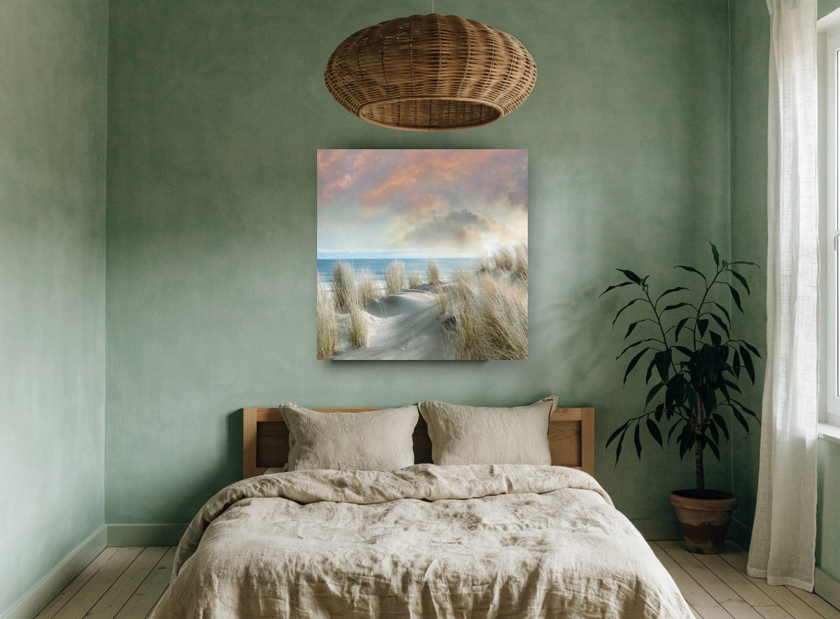 Dune Grass Dawn coastal canvas print on the wall of a bedroom