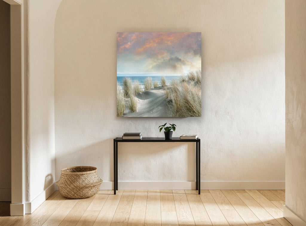 Dune Grass Dawn coastal canvas print on the wall of a hallway