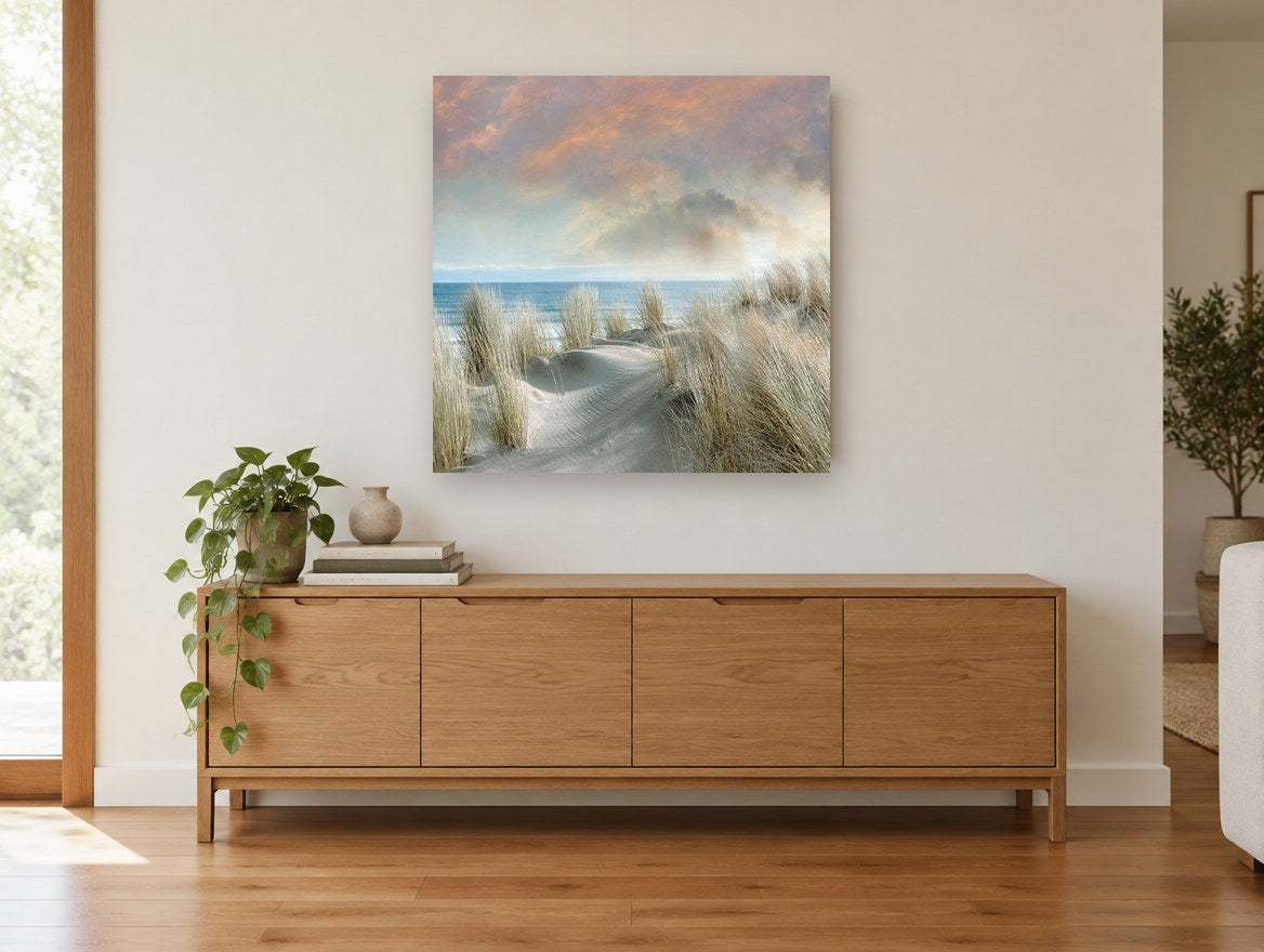 Dune Grass Dawn coastal canvas print on the wall of a living room above a sideboard