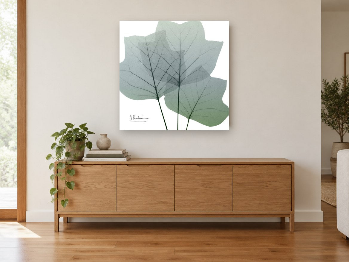 Translucent Tulip Leaves floral canvas print on the wall of a living room above a sideboard