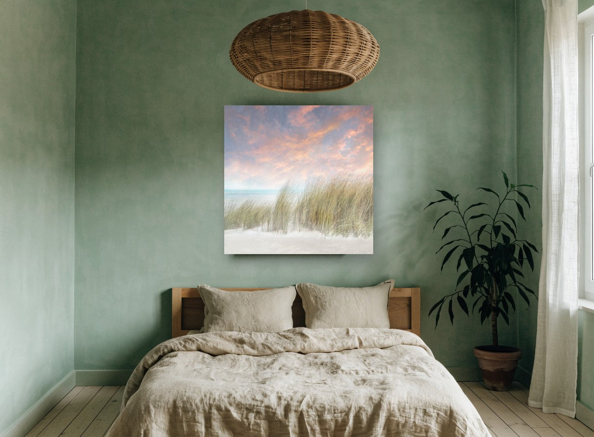 Windswept Dune Grass coastal canvas print on the wall of a bedroom