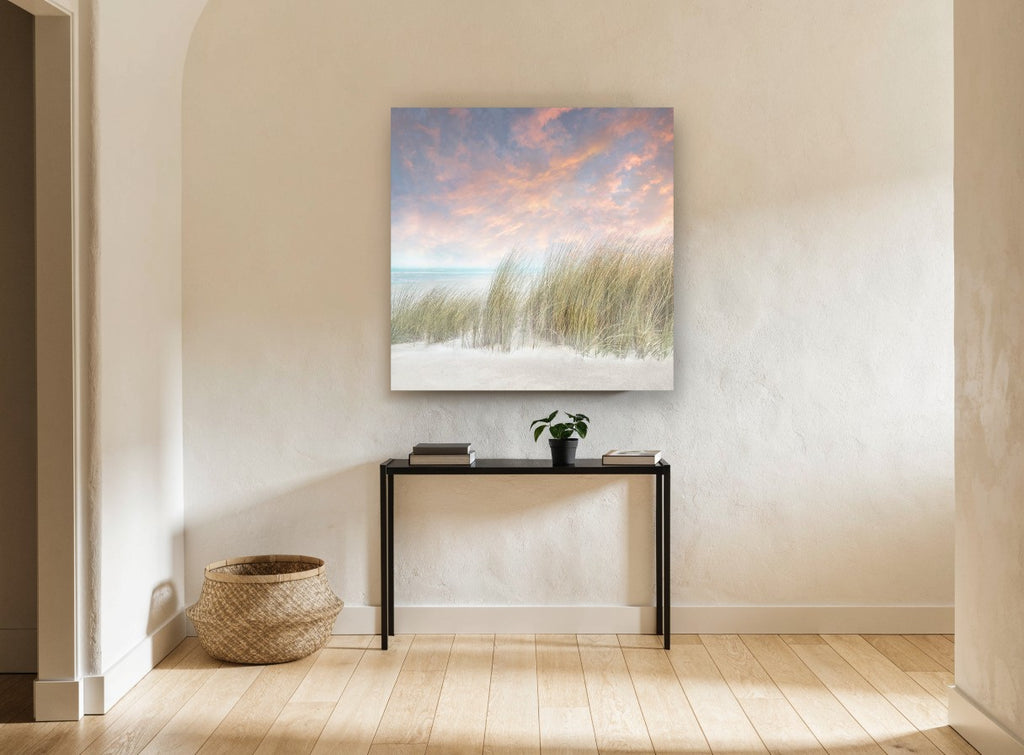 Windswept Dune Grass coastal canvas print on the wall of a hallway