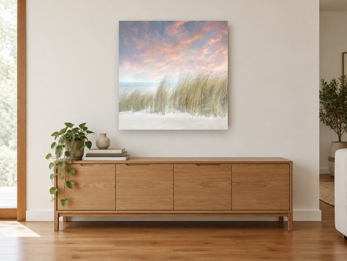 Windswept Dune Grass coastal canvas print on the wall of a living room above a sideboard