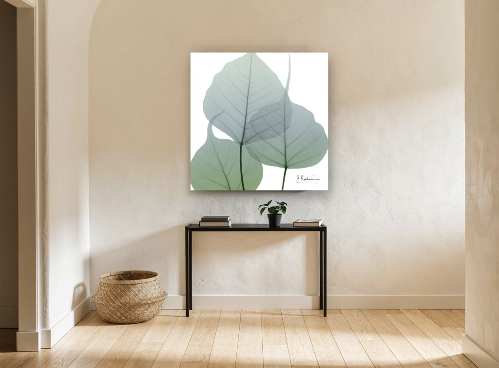 Sage Leaf Veils floral canvas print on the wall of a hallway