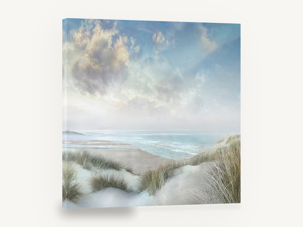 Soft Dune Horizon, misty beach dunes coastal photograph, coastal canvas wall art print ready to hang