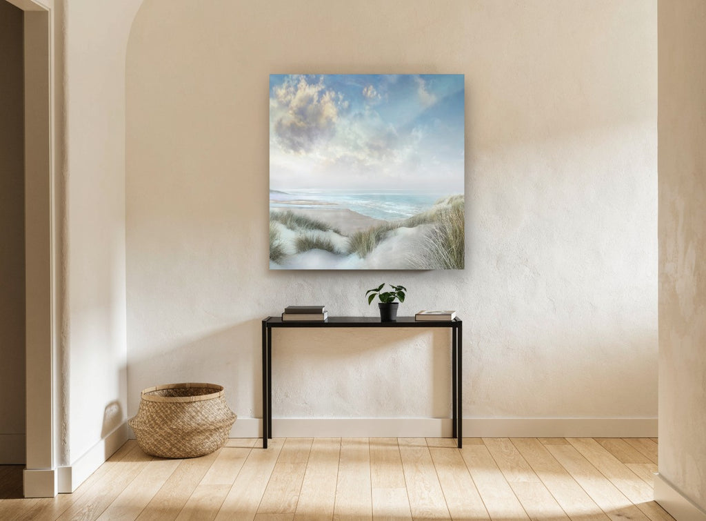 Soft Dune Horizon coastal canvas print on the wall of a hallway