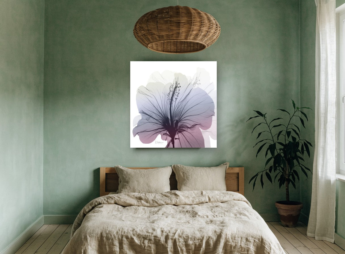 Hibiscus in Dusk Light floral canvas print on the wall of a bedroom