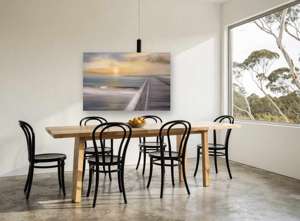 Pier at Sundown coastal canvas print on the wall of a dining room