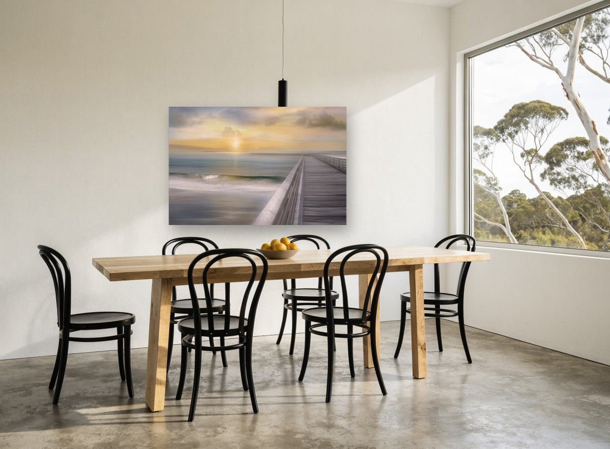 Pier at Sundown coastal canvas print on the wall of a dining room