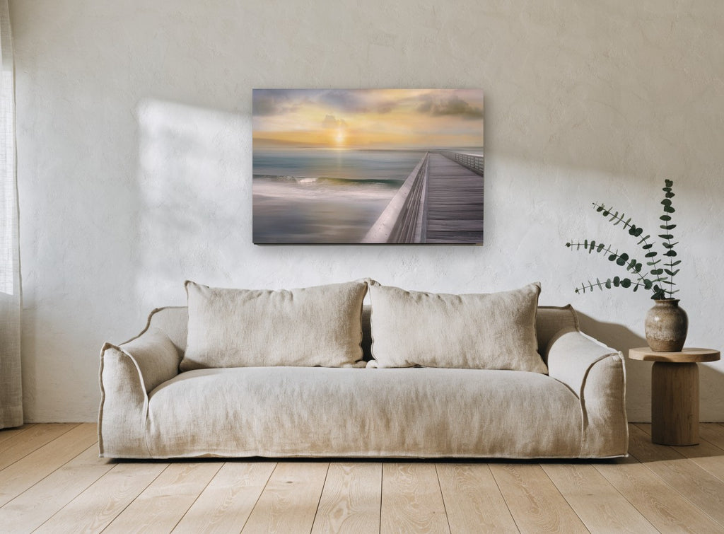 Pier at Sundown coastal canvas print on the wall of a living room