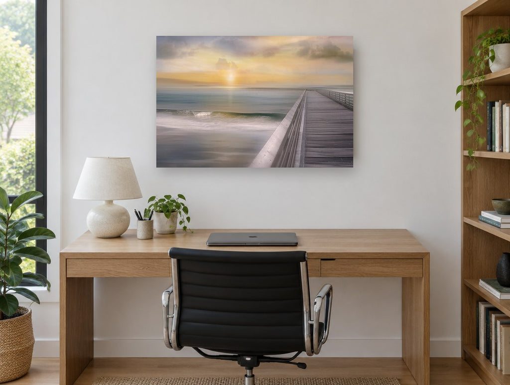 Pier at Sundown coastal canvas print on the wall of a study