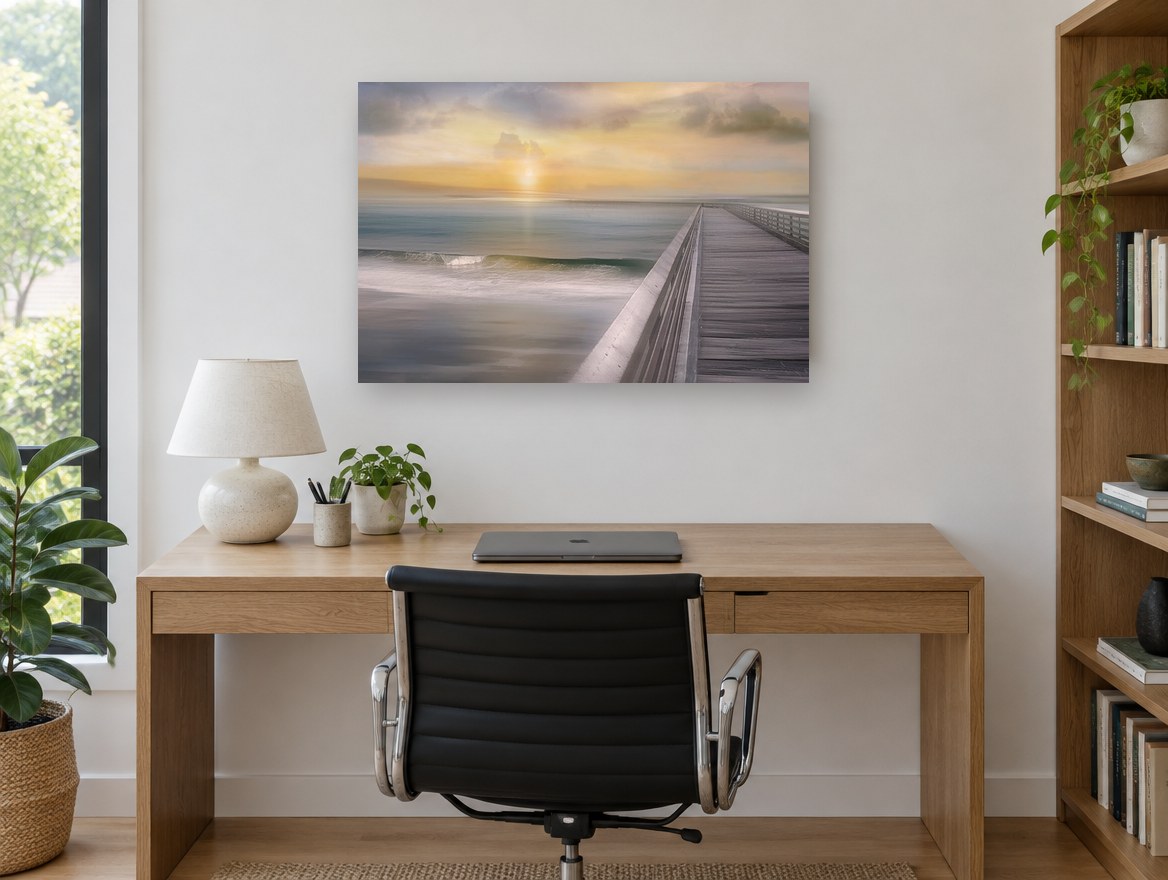 Pier at Sundown coastal canvas print on the wall of a study