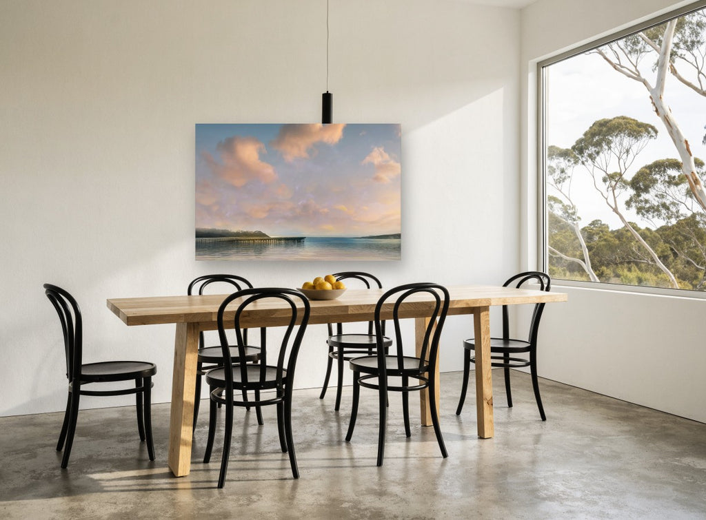 Pastel Pier Dusk coastal canvas print on the wall of a dining room