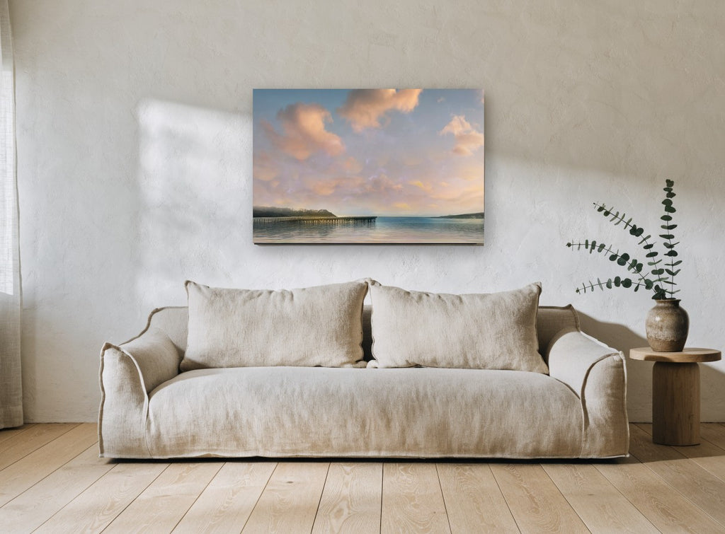 Pastel Pier Dusk coastal canvas print on the wall of a living room