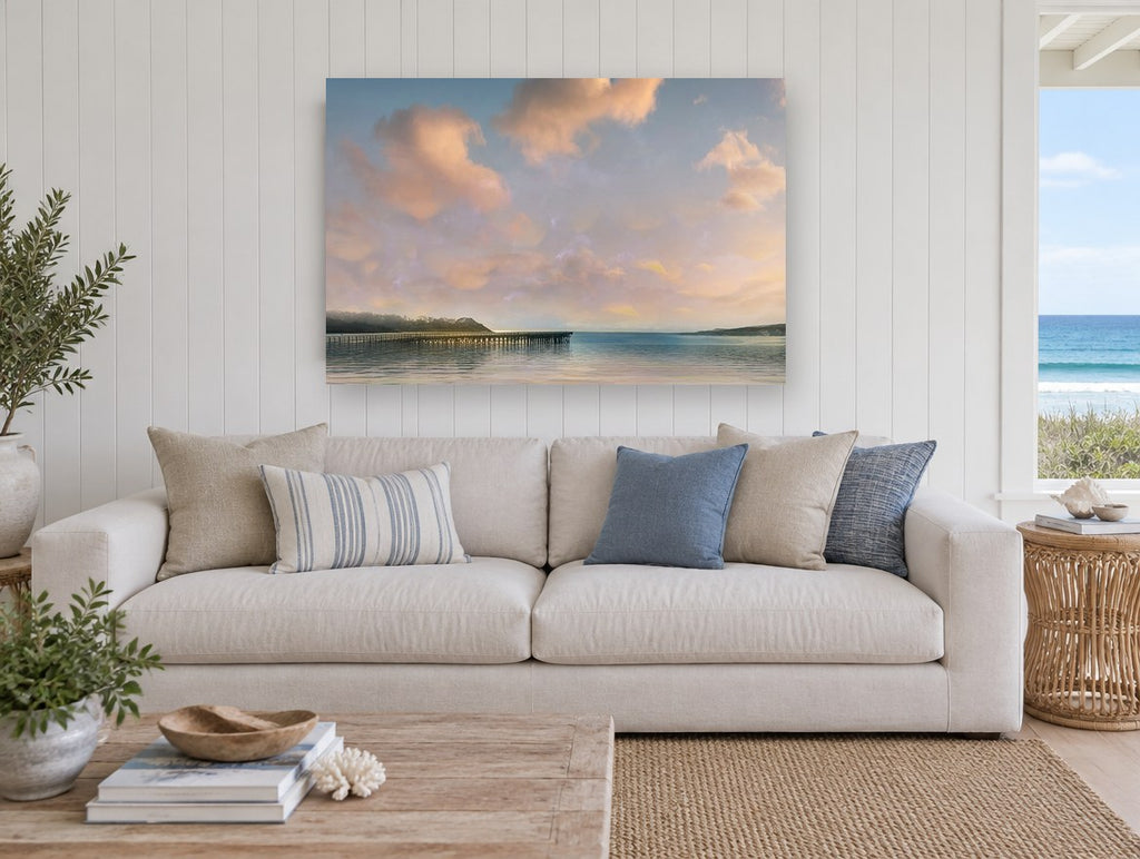 Pastel Pier Dusk coastal canvas print on the wall of a beach house living room