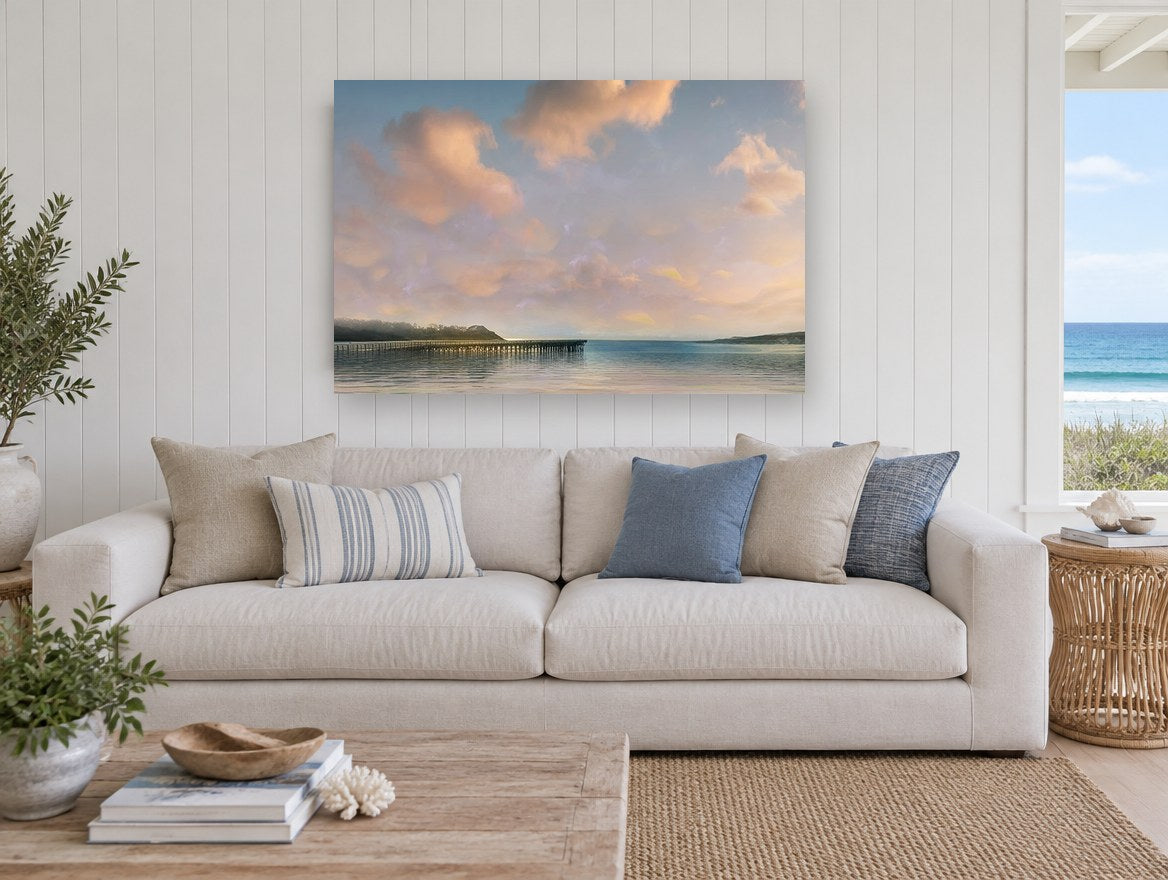Pastel Pier Dusk coastal canvas print on the wall of a beach house living room