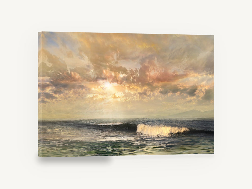 Golden Light Over Waves, golden sunset sky ocean wave seascape, coastal canvas wall art print ready to hang