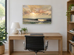 Golden Light Over Waves coastal canvas print on the wall of a study