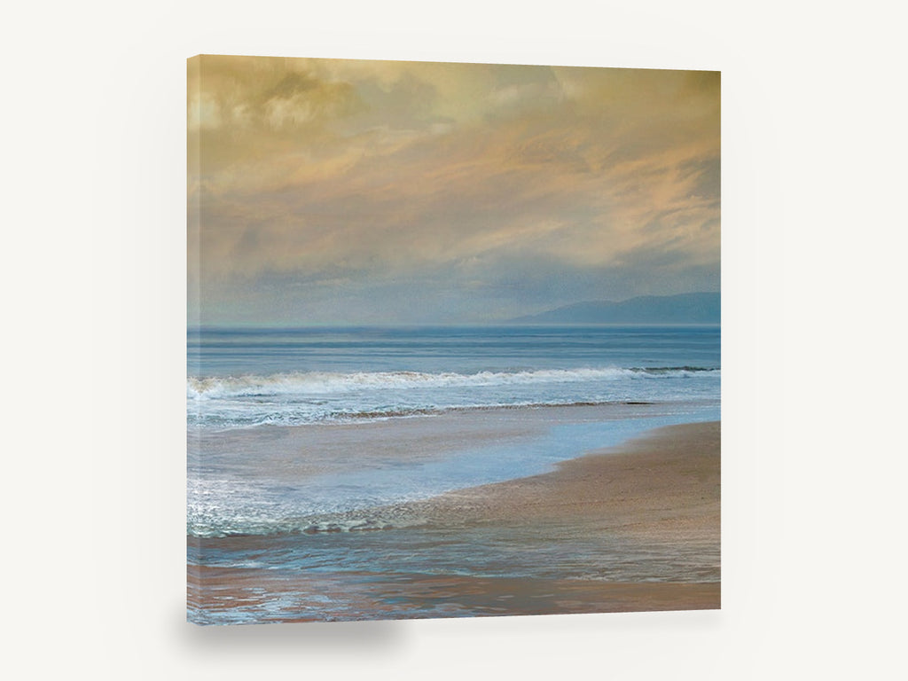 Golden Dusk Shoreline, golden sky beach seascape photograph, coastal canvas wall art print ready to hang