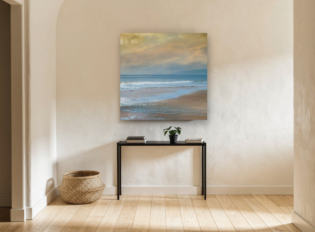 Golden Dusk Shoreline coastal canvas print on the wall of a hallway