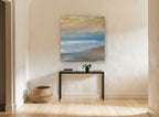 Golden Dusk Shoreline coastal canvas print on the wall of a hallway