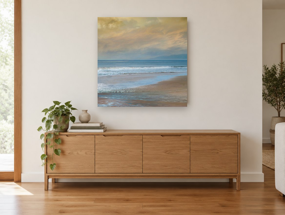 Golden Dusk Shoreline coastal canvas print on the wall of a living room above a sideboard