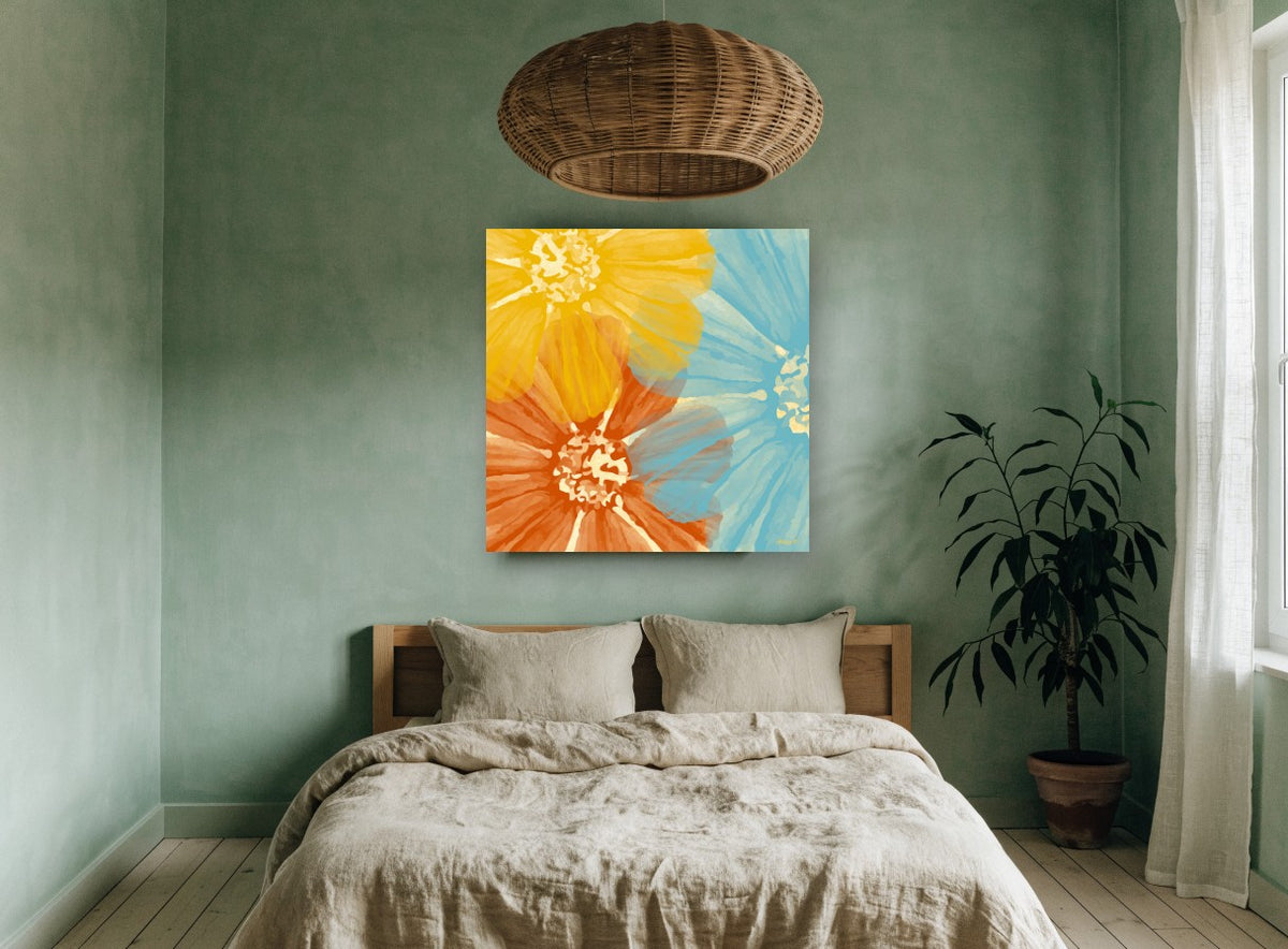Overlapping Sunshine Blooms floral canvas print on the wall of a bedroom