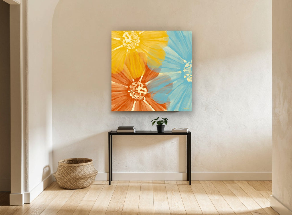 Overlapping Sunshine Blooms floral canvas print on the wall of a hallway