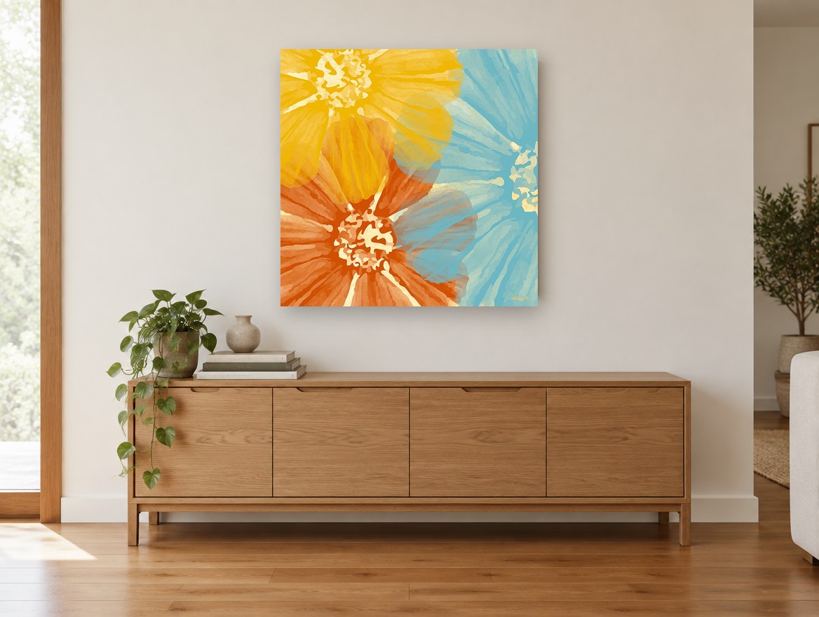 Overlapping Sunshine Blooms floral canvas print on the wall of a living room above a sideboard
