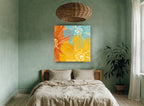 Overlapping Sunshine Blooms floral canvas print on the wall of a bedroom