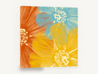 Overlapping Sunshine Blooms, orange yellow blue daisy floral illustration, floral canvas wall art print ready to hang