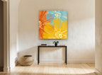 Overlapping Sunshine Blooms floral canvas print on the wall of a hallway