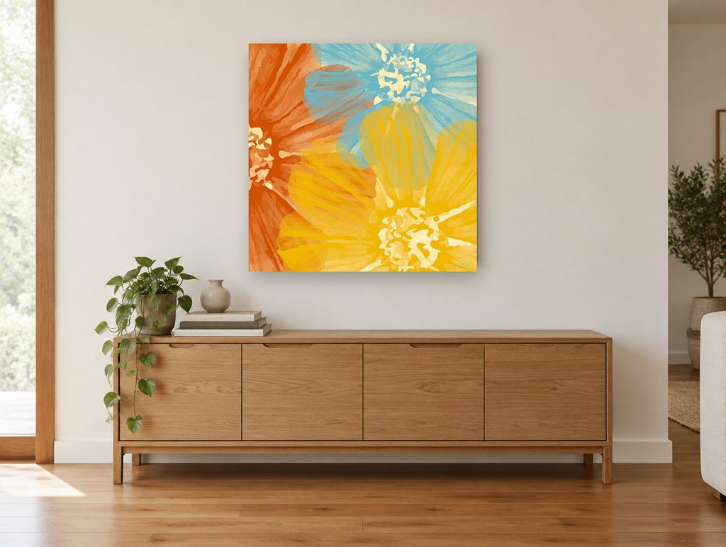 Overlapping Sunshine Blooms floral canvas print on the wall of a living room above a sideboard
