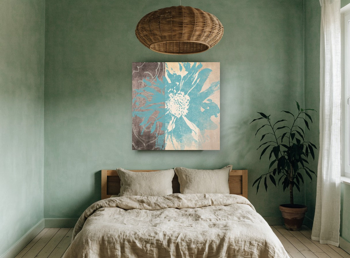 Teal Bloom Divide floral canvas print on the wall of a bedroom