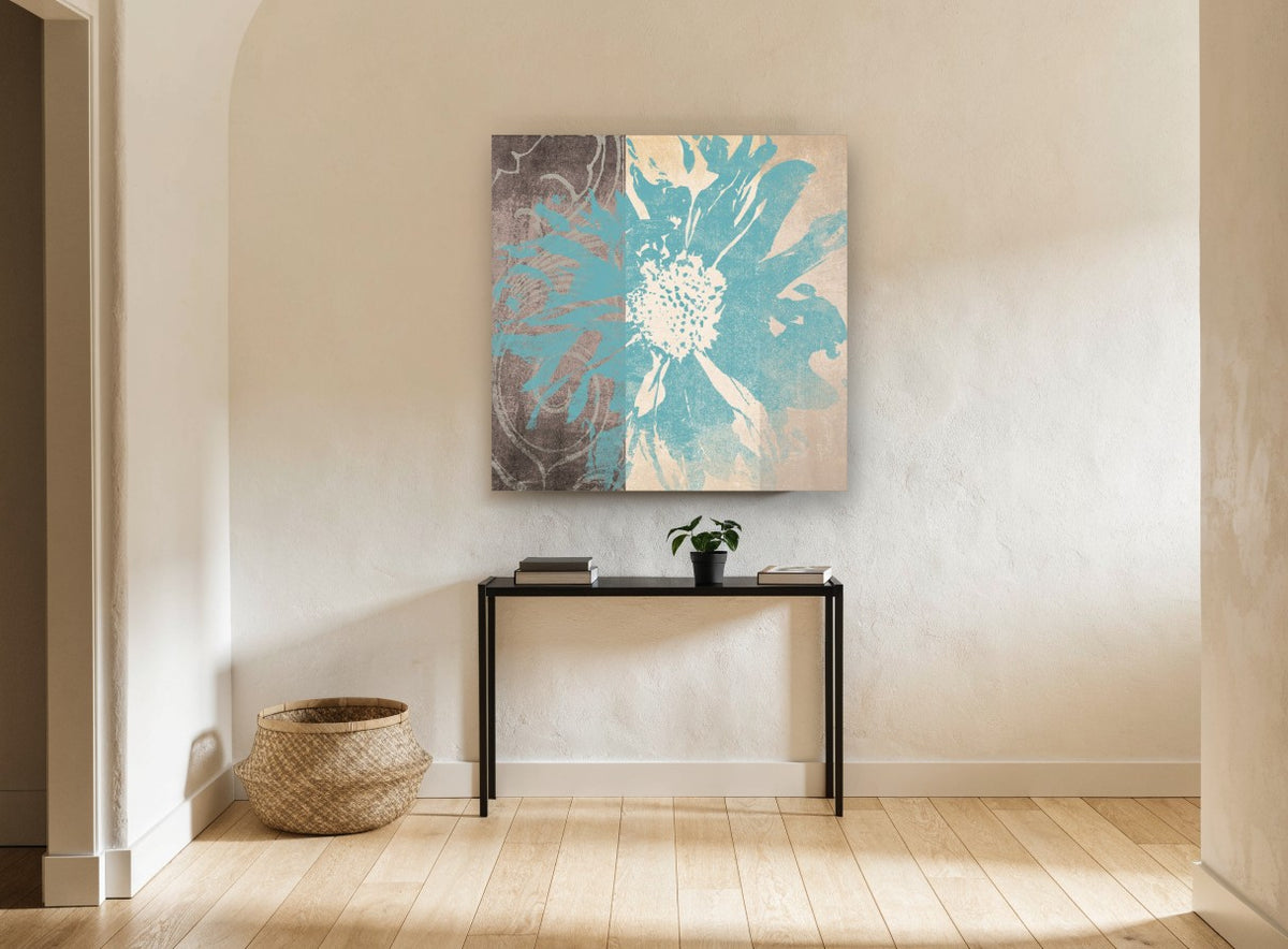 Teal Bloom Divide floral canvas print on the wall of a hallway